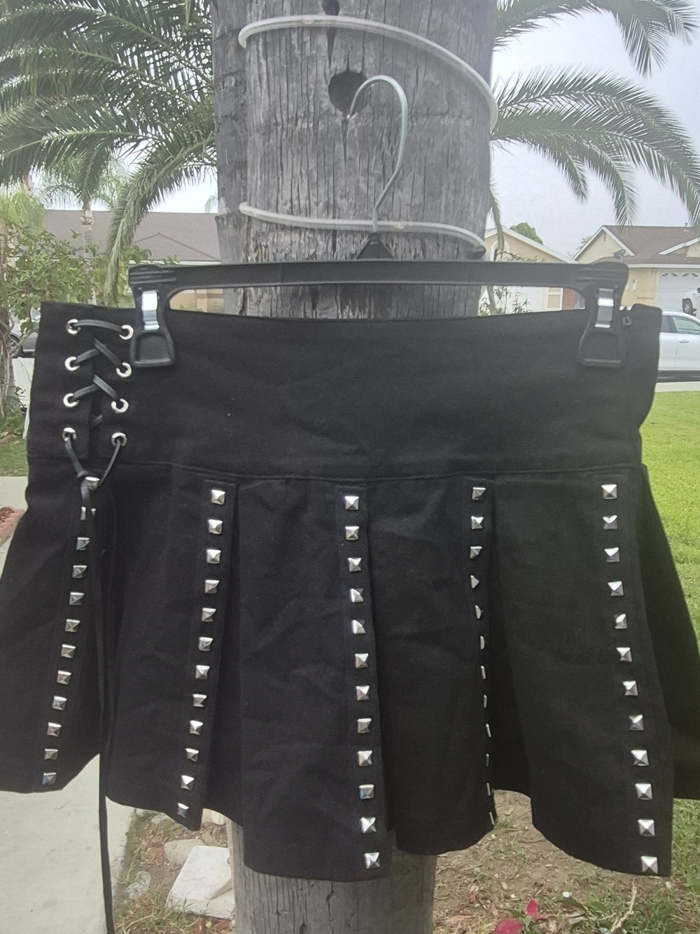 Black Studded Pleated Mini Skirt